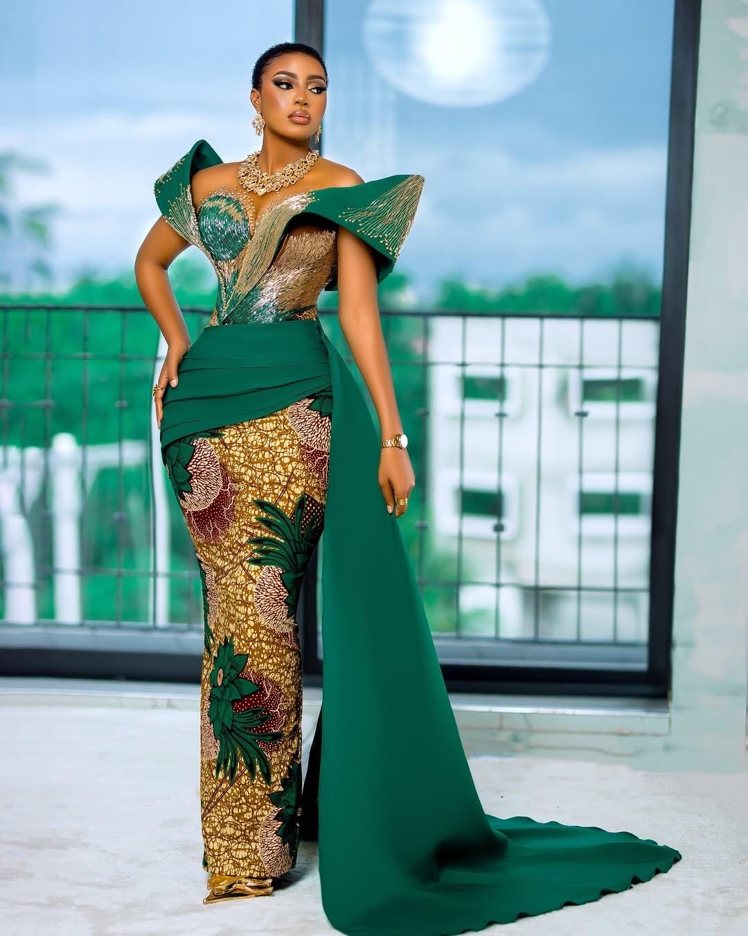 where to buy plus size formal dresses Sydneys Closet SC7386 Long Prom Dress Plus Size Strapless A-Line Floral Slit Puff Sleeves Train Pockets Formal Gown 14 / Green Floral