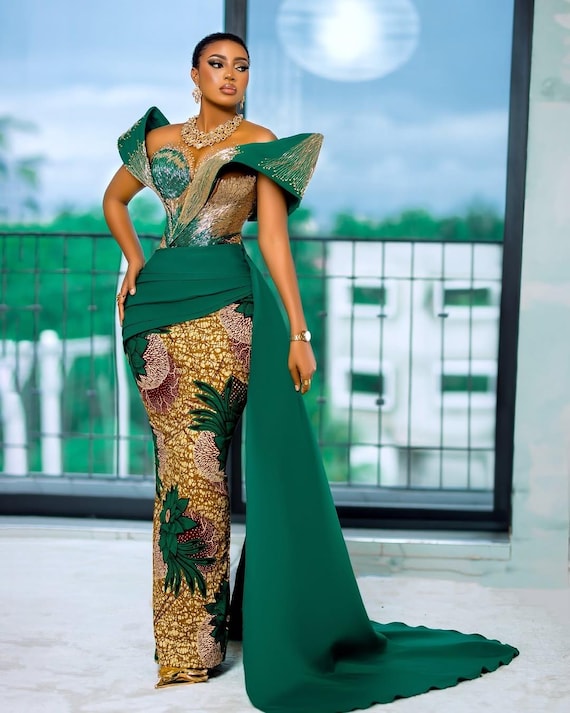 beaded african dress Mermaid One Shoulder Blue African Prom Dress Beaded Long Evening Gowns   SELINADRESS