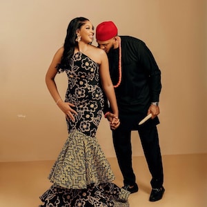 Couples African attire, Ankara couple outfit, African wedding outfit, African men attire, African occasion dress, Maxi Ankara tiered dress