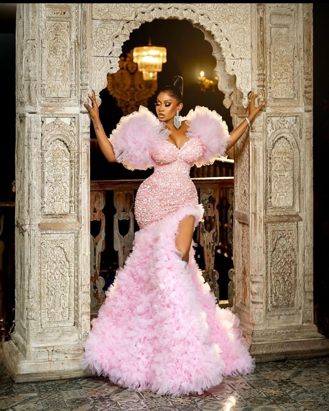 Luxury Sequined Pink Tulle Gorgeous Mermaid Prom Dress Evening Dresses DP294