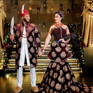 Afrikanisches Hochzeitsoutfit, afrikanisches Paarhochzeitsoutfits, Isiagu Igbo Hochzeitskleidung nigerianische traditionelle Kleidung nigerianische Männer Hochzeitskleidung
