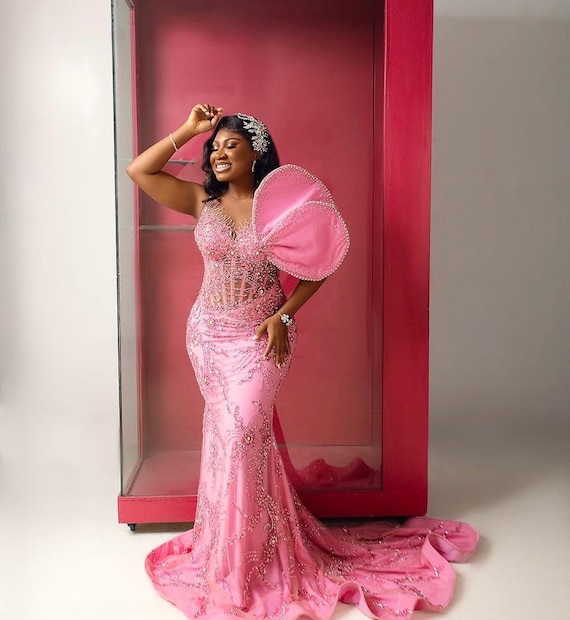 Prom Beauty Pageant Evening Gowns Luxury Pink Lace Dress, Mermaid