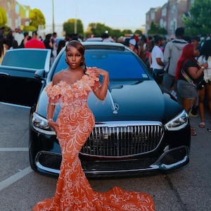 Orange prom dress, Corset dress, Trumpet lace dress, Beauty pageant gown Homecoming dress, Wedding reception gown Birthday gown, Party dress