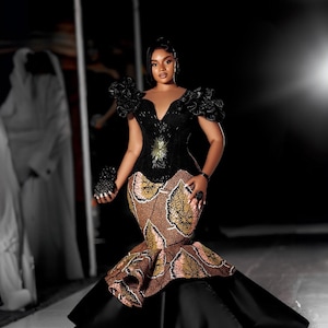 Afrikanisches Meerjungfrauenkleid, Perlen Ankara-Kleid, afrikanisches Anlasskleid, afrikanisches Korsettkleid, afrikanisches Hochzeitskleid, afrikanische Frauenkleidung,