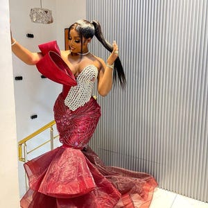 Red Prom dress, Sequin dress, Corset gown Pageant gown, Homecoming dress, Wedding reception gown, Birthday gown, Party Aline gown with slit