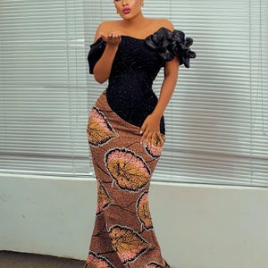Afrikanisches Meerjungfrauenkleid, Perlen Ankara-Kleid, afrikanisches Anlasskleid, afrikanisches Korsettkleid, afrikanisches Hochzeitskleid, afrikanische Frauenkleidung,