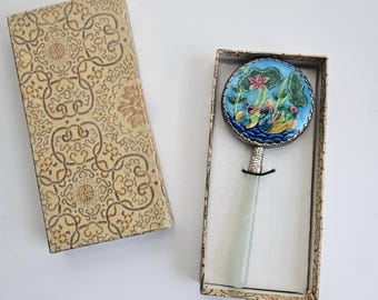 Vintage Chinesischer Kosmetik Hand Spiegel Vögel w / Jade Griff Original Box