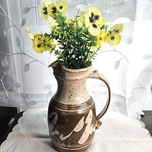 Vintage Signed Stoneware Pottery Pitcher Handmade Earthy Brown 8.5" Tall