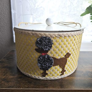 Vintage Sewing Box Yellow 1950s Round Lidded | Black Poodle
