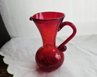 Red Crackle Glass Pitcher Hand Blown
