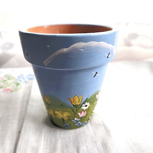 Vintage Small Planter Terracotta Hand Painted Spring Flowers Bees 4&quot; tall