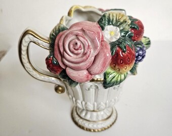 RARE Vintage 1998 Fitz and Floyd Strawberry & Rose Creamer Pitcher Pink Raspberry Blackberry Cottagecore Elegant 5" Discontinued Piece