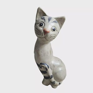 Vintage Folk Art Cat Figurine 10.5&quot; White black stripes