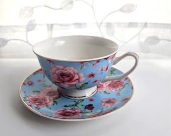 Teacup Succulent Planter Ceramic Floral Blue Pink Handcrafted