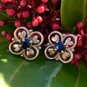May include: A pair of silver earrings with a floral design and a dark blue gemstone in the center of each flower.