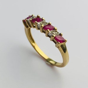 Vintage 0.52ct Marquise Cut Ruby and Round Diamond Half Eternity Ring set in 9ct Yellow Gold, Size UK O, US 7 1/4