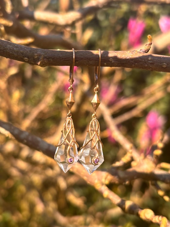 Pre-loved 9ct Gold Uri Geller Amethyst Crystal Drop Earrings