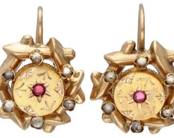 Antique Victorian 18ct Yellow Gold Ruby and Rhinestone Drop Earrings