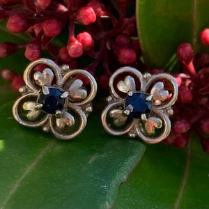 May include: A pair of silver earrings with a black stone in the center of each earring. The earrings are shaped like a four-leaf clover.