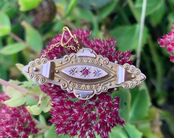 Victoriaanse 9 kt gouden robijn en diamanten versierde broche, jubileum verjaardagscadeau voor haar.