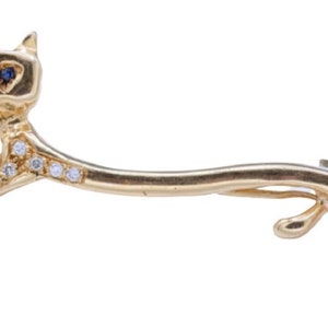 18ct Yellow Gold Sapphire&Diamond Brooch in the form of a elongated cat,Italian Designer Brooch,September April Birthstone