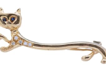 18ct Yellow Gold Sapphire&Diamond Brooch in the form of a elongated cat,Italian Designer Brooch,September April Birthstone