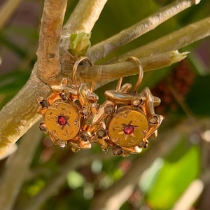 Antique Victorian 18ct Yellow Gold Ruby and Rhinestone Drop Earrings