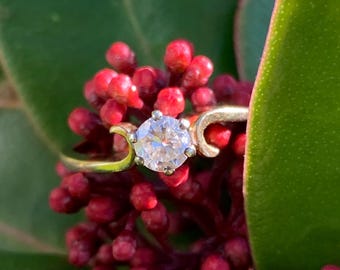 May include: A gold ring with a single, round, clear diamond set in a delicate, curved band. The ring is resting on a cluster of red berries.