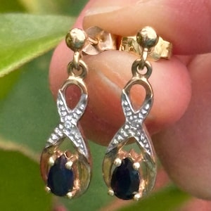 Vintage 9ct Gold 0.60ct Sapphire & Diamond Drop Stud Earrings
