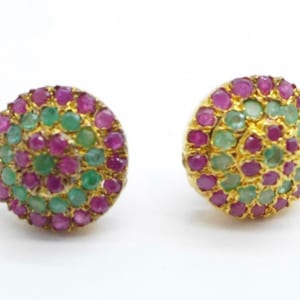 Vintage 2.3ct Ruby & 1.12ct Emerald Stud Gold Earrings