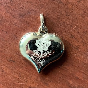 9ct Gold Puffy Heart Charm/Pendant with a rose and Mothers...engraving