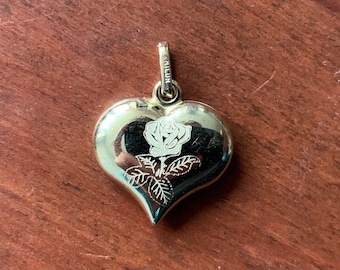 9ct Gold Puffy Heart Charm/Pendant with a rose and Mothers...engraving
