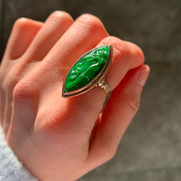Antique 25x10MM Marquise Shaped Emerald Green Jade 14ct Yellow Gold Ring,Cocktail Ring,Size UK J,US 4 3/4