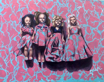 Silk Screen & Oil Painting on Cradled Wood Panel, Portrait Painting, Dolls, 12" x 16" x 1 1/2"