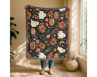 Halloween Woven Throw Blanket | Whimsical Ghosts, Pumpkins, Flowers