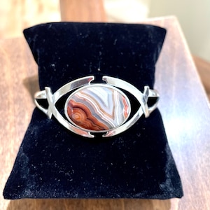 Brazalete de plata de ley con ágata de encaje loco mexicano