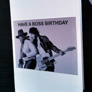 Bruce Springsteen, Feliz cumpleaños, Nacido para correr, Interior en blanco, Tarjeta de Springsteen. Pinté al jefe el año pasado con pintura acrílica sobre lienzo.