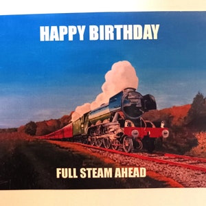 Flying Scotsman, carte de joyeux anniversaire - toute vapeur, train, blanc à l'intérieur