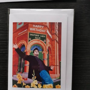 Cartão de feliz aniversário Morrissey, em branco dentro com envelope, embrulhado em plástico. The Smiths, Salford Lads Club tamanho A6