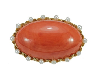 Broche de oro vintage gran coral mediterráneo rojo 14K