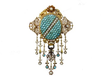 Broche épée Antique XIXe Siècle - Or 18 Carats, Diamants, Perles, Turquoise - Rare