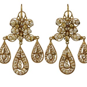 Victorian pearls 14K gold dangle earrings