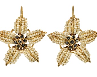 Victorian pearls sappires 14K gold earrings