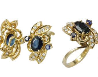 Vintage sapphire diamond 14K gold earrings ring