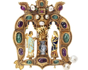 Victorian Castellani Jewelled 18K Gold Brooch