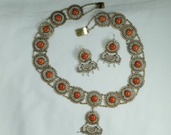Victorian coral pearls 14K Gold necklace earrings set
