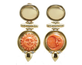 Vintage Sun and Moon coral diamonds 18K gold earrings