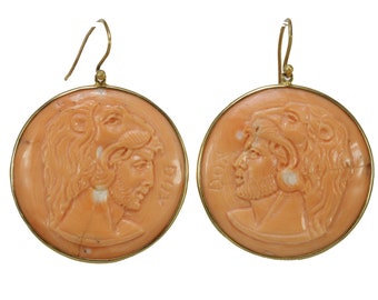 Vintage coral cameos 14K gold earrings