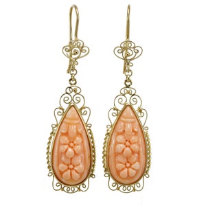 Vintage Angel Skin coral 18K gold filigree earrings
