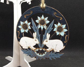 Rabbit and flowers wooden decoration, laser etched and cut in wood